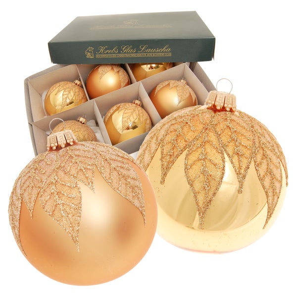 Glaskugel Sortiment Goldene Blätter (Weihnachtswald), Gold Satin/Glanz, 8cm, 6 Stck., Weihnachtsbaumkugeln, Christbaumschmuck, Weihnachtsbaumanhänger