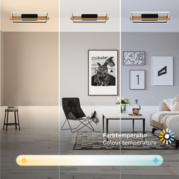 CCT LED Deckenleuchte, schwarz, mit Holz, LED/50W