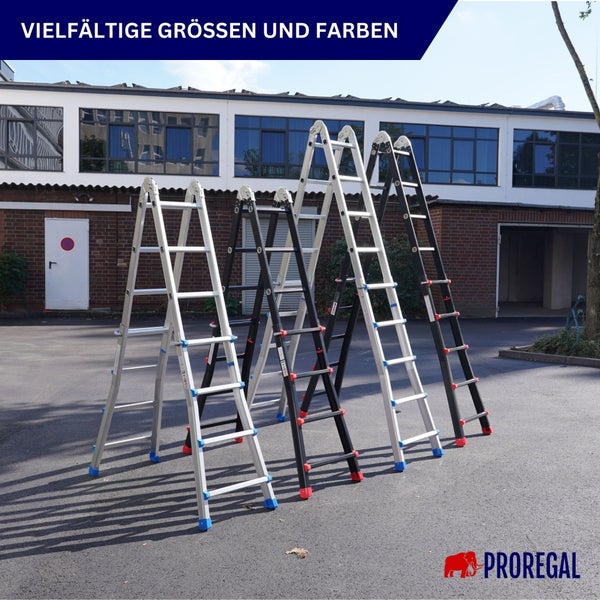 Mehrere Aluminiumleitern in verschiedenen Größen und Farben