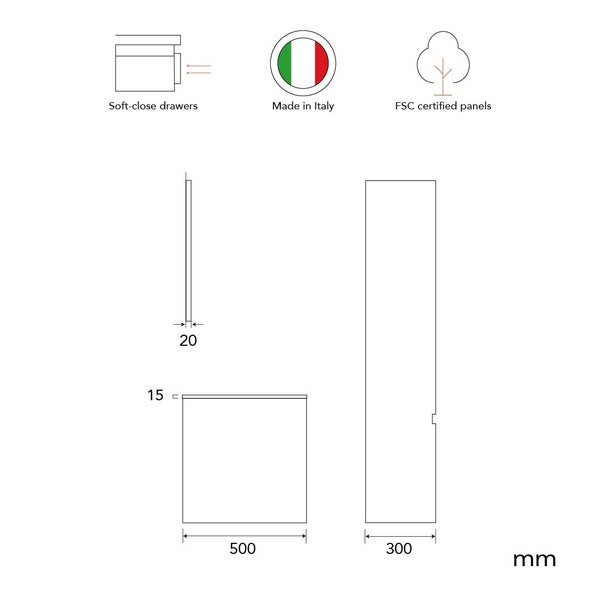 Technische Zeichnung eines Badezimmermöbels mit Maßen in Millimeter, Soft-Close-Schubladen, Herkunft Italien und FSC-zertifizierten Holzplatten.