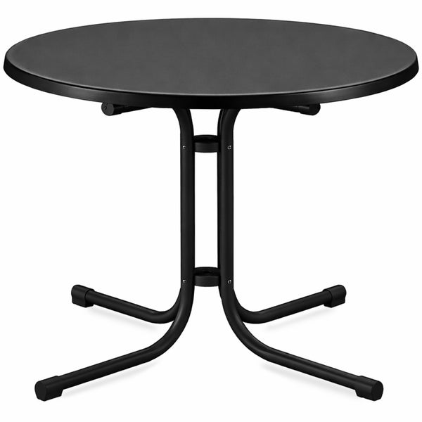 Runder schwarzer Bistrotisch mit Metallgestell und vier Standfüßen.