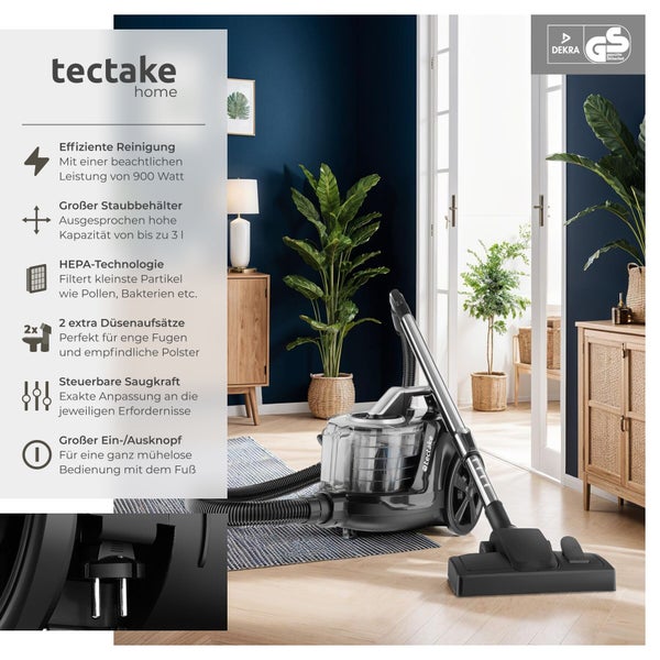 Tectake beutelloser Staubsauger in modernem Wohnzimmer mit 900 Watt Leistung, 3 Liter Behälter, HEPA-Technologie, Zubehör und Sicherheitszertifikat.