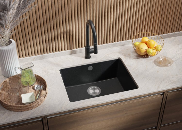 PRIMAGRAN Unterbauspüle Granit Anthrazit 56x44cm, Spülbecken 1 Becken + Ablauf-Set, Granitspüle ab 60er Unterschrank - Venedig Easy