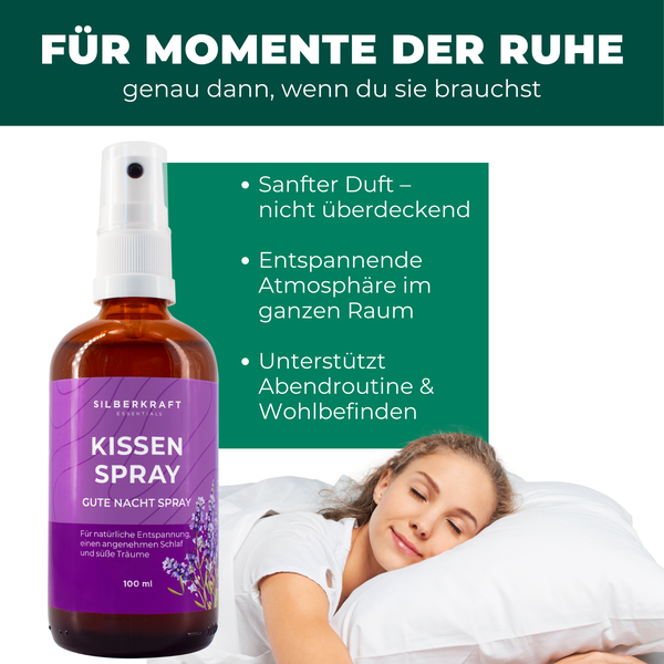 Silberkraft Kissenspray Gute Nacht Spray mit Lavendelduft in 100 Milliliter Flasche für entspannenden Schlaf und Wohlbefinden.