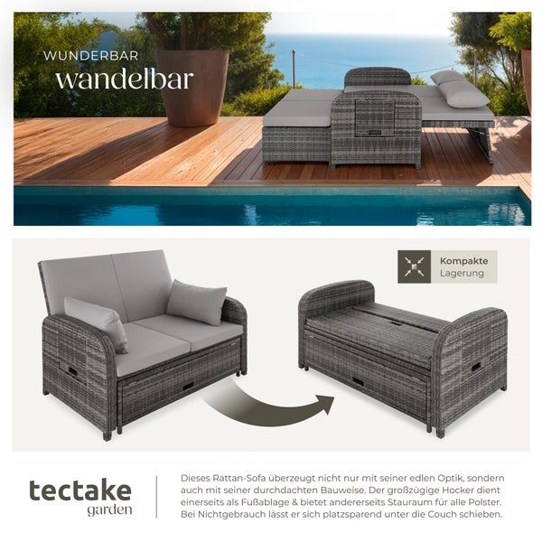 Rattan Sofa tectake Kreta mit Stauraum und Schutzhülle mit Aluminiumgestell grau