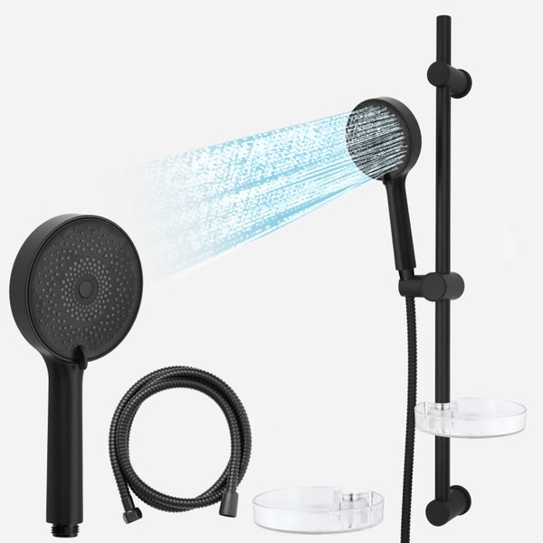 Schwarze Brausegarnitur bestehend aus runder Handbrause, Brauseschlauch, Brausestange und zwei transparenten Seifenschalen.