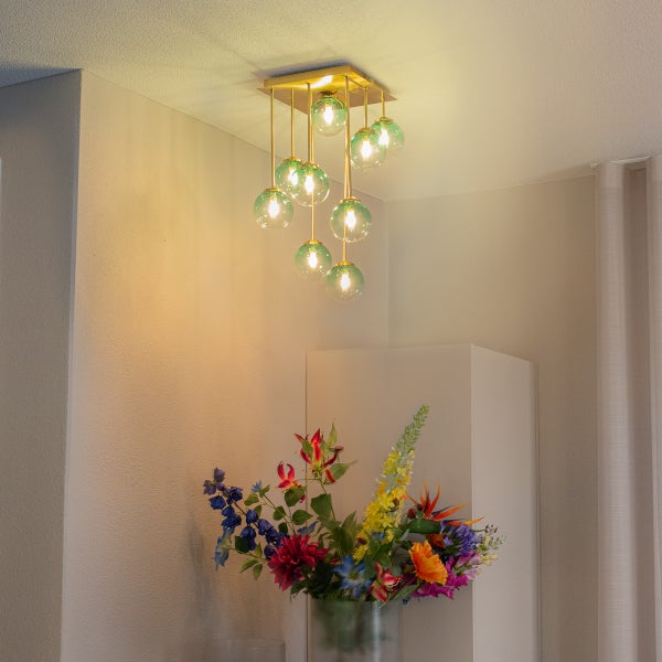 Deckenleuchte mit neun Kugelschirmen aus Glas