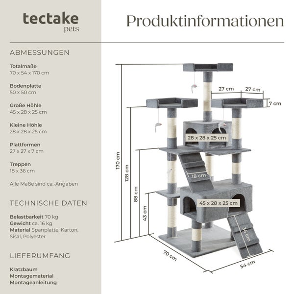 Kratzbaum tectake Barney inklusive 2 Treppen, 4 Spielmäusen und Kippschutz 170 cm grau