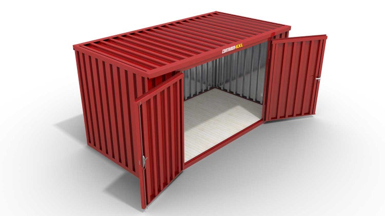 Lagercontainer Gerätehaus M  – 6 qm, H2150 x B3050 x T2170 mm, Außenwandlackierung RAL 3000 feuerrot, Dach außen verzinkt, mit Holzfußboden, 2750 mm Doppelflügeltür mittig in Breitseite, montiert