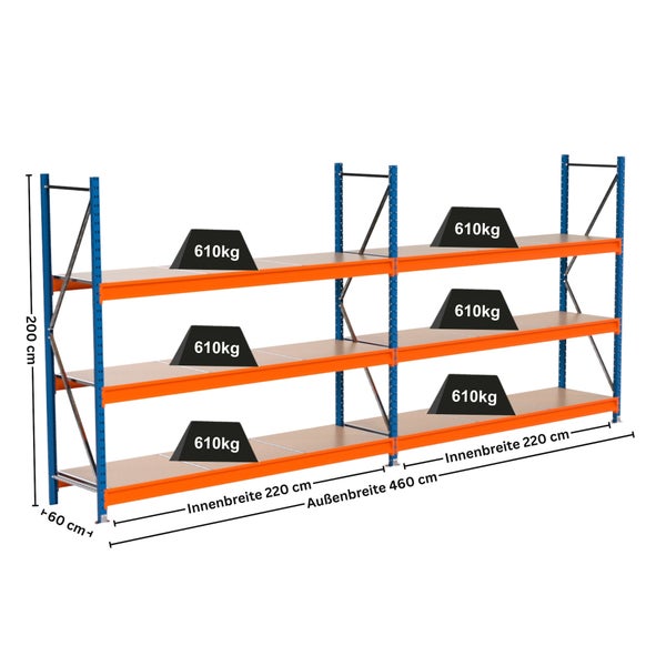 Regal mit drei Ebenen und Gewichtsangaben