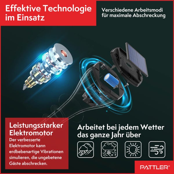 PATTLER® Maulwurf Vertreiber 2er Set - Effektiv Maulwurf vertreiben auf ca. 800m² - Flexible Verwendung durch Solarmodul - innovatives Schraubdesign erhöht Effektivität