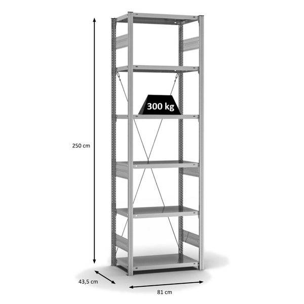 PROREGAL Fachbodenregal Stecksystem T-Profil Heavy-Duty Grundregal HxBxT 250 x 75 x 40 cm 6 Ebenen Fachlast 300 kg Einseitig Nutzbar Verzinkt