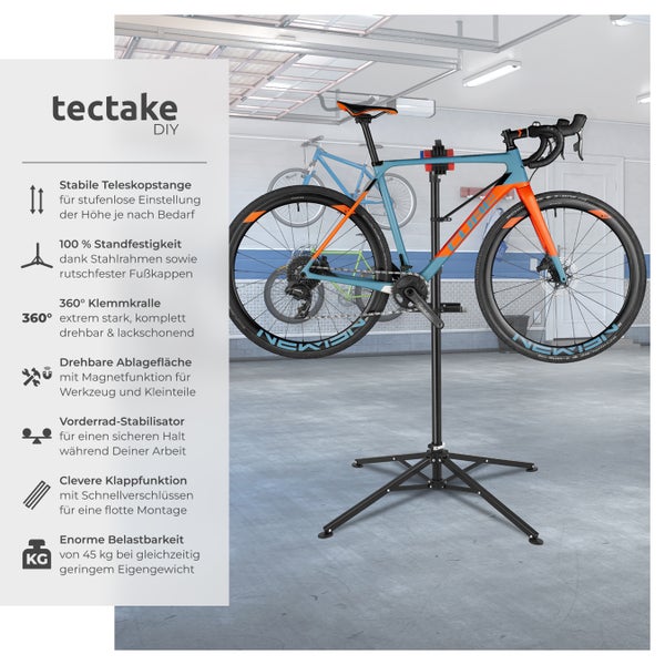 Fahrradmontageständer tectake  inklusive Werkzeugablage klappbar, für alle gängigen Modelle schwarz
