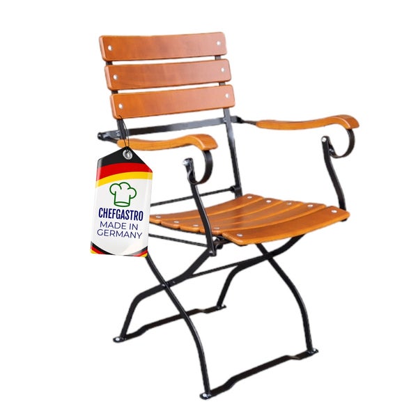 Klappbarer Gartenstuhl mit Armlehnen, Holzlatten und Metallgestell, Made in Germany von Chefgastro.