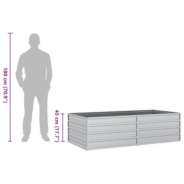 Rechteckiges Hochbeet aus verzinktem Stahl mit einer Höhe von 45 Zentimetern neben einer 180 Zentimeter großen Silhouette zum Größenvergleich.