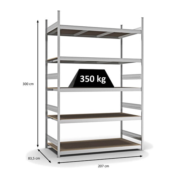 PROREGAL Weitspannregal Stecksystem T-Profil Grundregal HxBxT 300x200x80 cm 5 Ebenen Spanplatten Fachboden Fachlast 350 kg Verzinkt