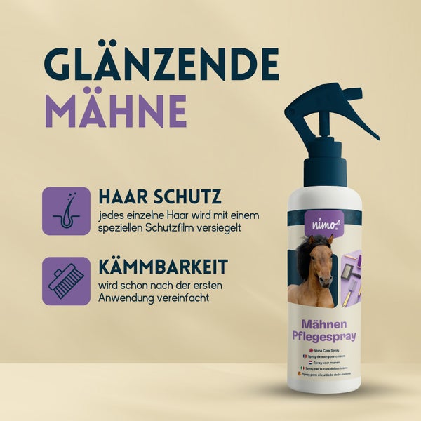 nimo® Mähnen Pflegespray • für leichtere Kämmbarkeit, Entwirrung und glänzende Mähne, Schweif