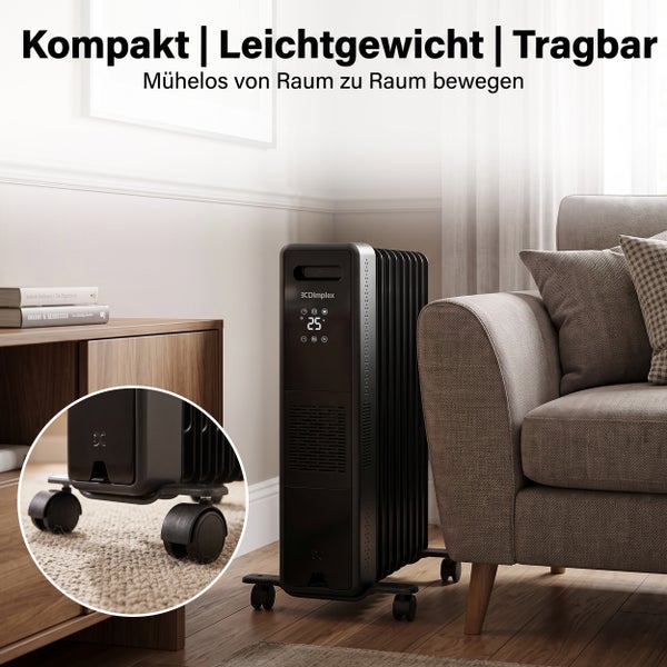 Mobiler Dimplex Ölradiator mit digitaler Temperaturanzeige und Rollen für den flexiblen Einsatz in Wohnräumen.
