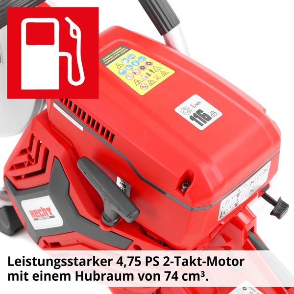 Hecht Kettensäge Detailansicht mit Tanksymbol und Warnhinweisen