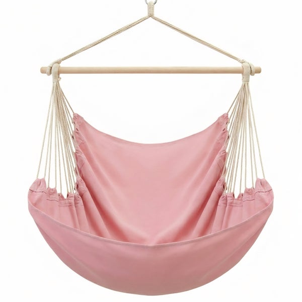 Hängesessel mit Holzstab und rosa Stoffbezug.