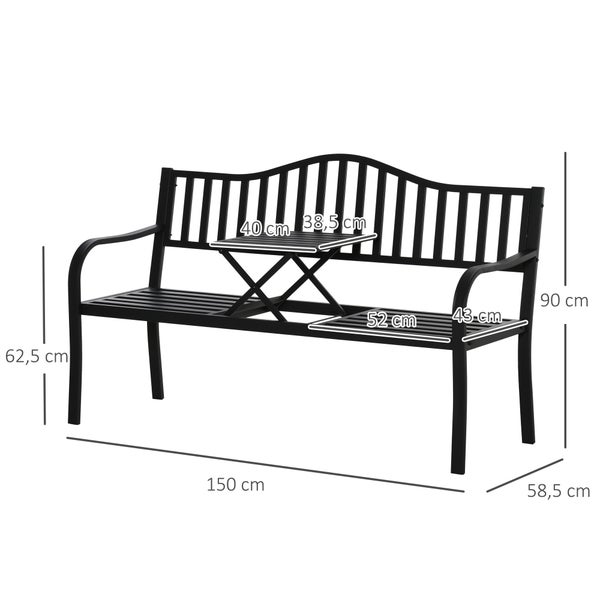 Outsunny Gartenbank, mit ausziehbarem Tisch für 2 Personen 150 x 58,5 x 90 cm, Schwarz