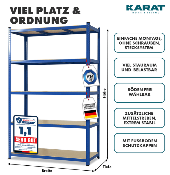 FLOORDIREKT Schwerlastregal - Universal einsetzbar - Blau - 180 x 120 x 60 cm - Traglast 875 kg