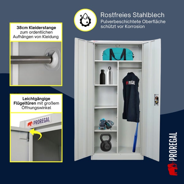 Proregal Metallschrank, korrosionsgeschütztes Stahlblech, 38 Zentimeter Kleiderstange, Einlegeböden und Flügeltüren. Proregal Logo.