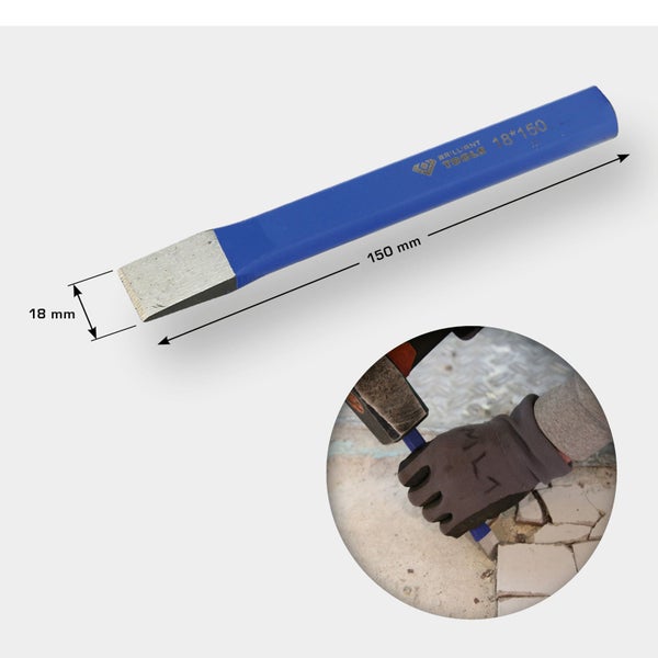 Brilliant Tools Flachmeißel 18 x 150 Millimeter mit Abmessungsangaben sowie Anwendung
