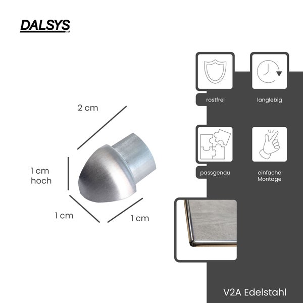 DALSYS Logo. Außenecke für Profile aus V2A Edelstahl, 1 Zentimeter hoch, 2 Zentimeter lang. Rostfrei, langlebig, passgenau und einfache Montage.