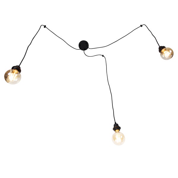 Moderne Pendelleuchte mit drei Lichtquellen und flexiblen Textilkabeln im Industrie Design.