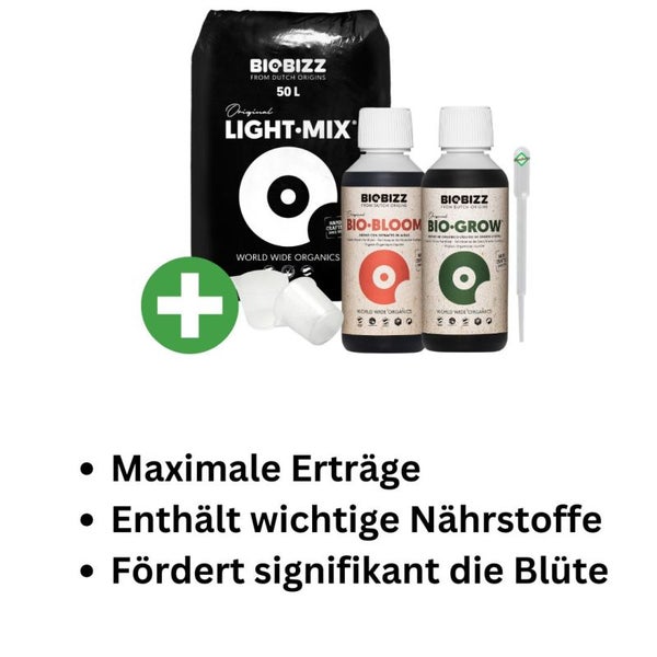BioBizz Light Mix Erde-Set – 50L Bio-Erde + Bio Grow & Bio Bloom Dünger + Pipette – Komplettset für gesundes Pflanzenwachstum & starke Blüte