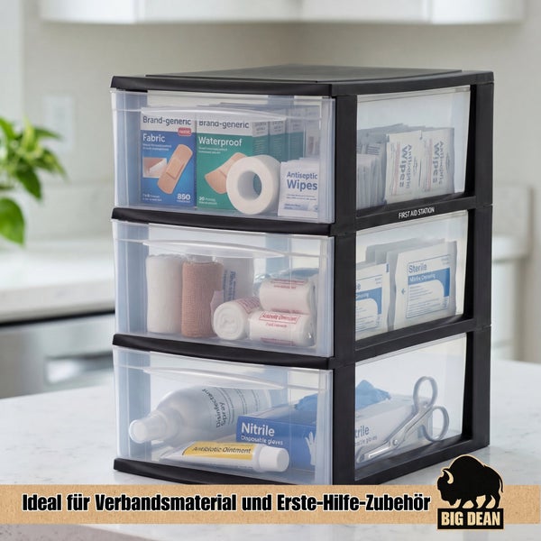 Kunststoff Schubladenbox mit drei transparenten Fächern gefüllt mit Erste Hilfe Material und Verbandszeug als praktische Aufbewahrungslösung.
