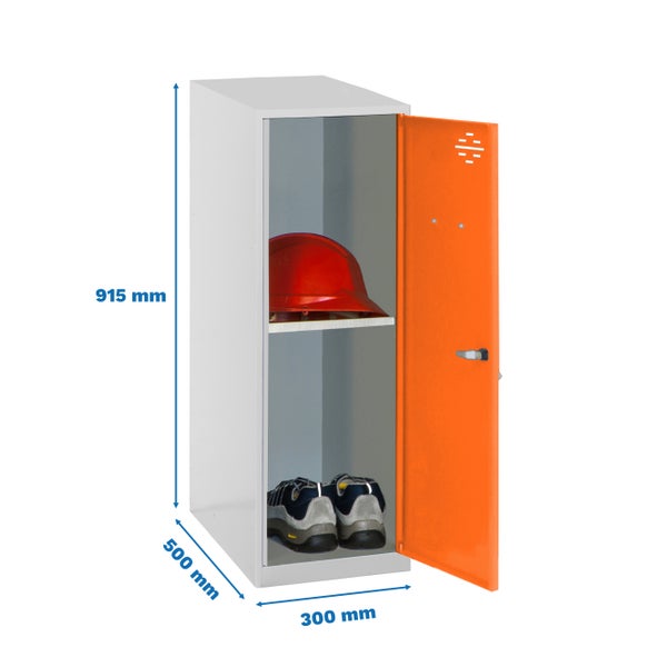 Metall-Garderobenschrank mit einer Tür, Fachboden, Helm und Schuhen, Maße: 915 x 500 x 300 mm
