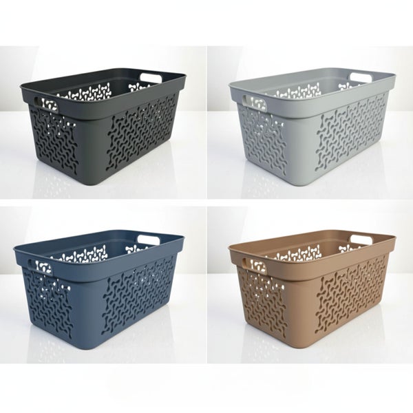 Vier Kunststoffkörbe mit Griffen und Muster