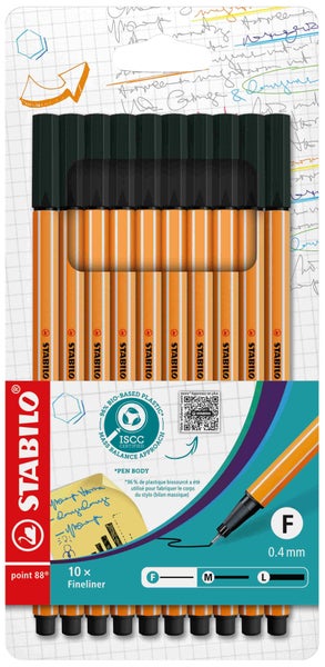 STABILO point 88 Fineliner im 10er-Pack, schwarz, mit einer Strichstärke von 0,4 mm.