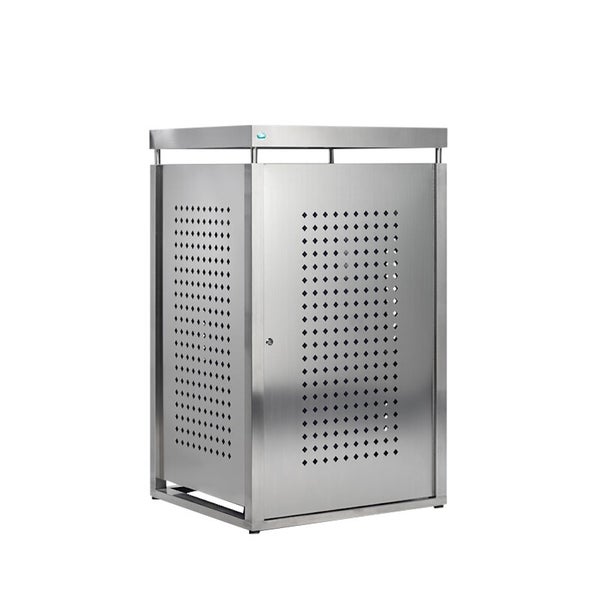 Mülltonnenbox aus Edelstahl für eine Mülltonne mit quadratischem Lochmuster und Flachdach.