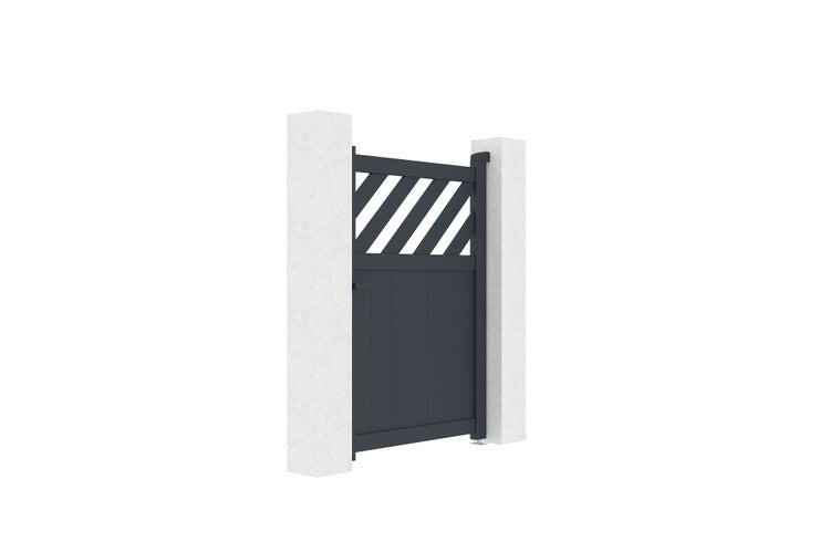 Einflügeliges Gartentor aus Aluminium in Anthrazit mit diagonalen Streben im oberen Bereich.