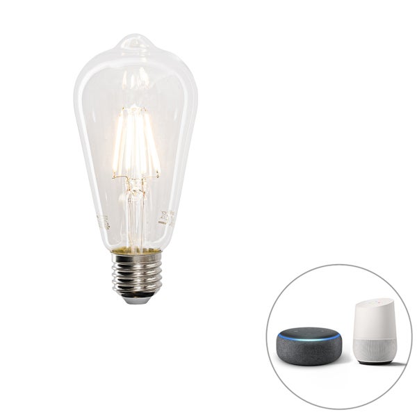 Klare LED-Filament-Lampe in Edison-Form, E27-Sockel, kompatibel mit Smart-Home-Assistenten wie Amazon Alexa und Google Assistant.