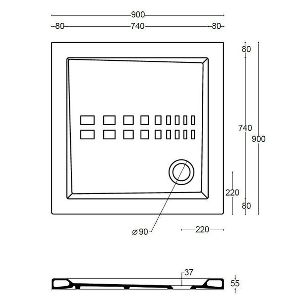 90X90 Duschwanne traditionell bodengleicher Einbau