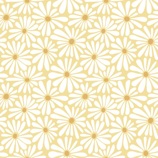 Tapete mit floralem Gänseblümchen-Muster in Weiß und Gelb für die Wandgestaltung.
