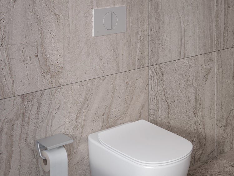 Modernes Badezimmer mit hängendem WC, Betätigungsplatte und Toilettenpapierhalter