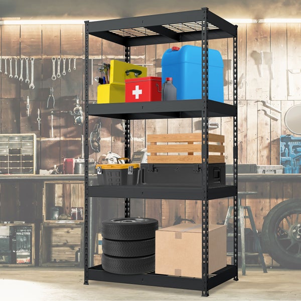 Schwarzes Schwerlastregal mit vier Ebenen zur Lagerung verschiedener Gegenstände in einer Garage