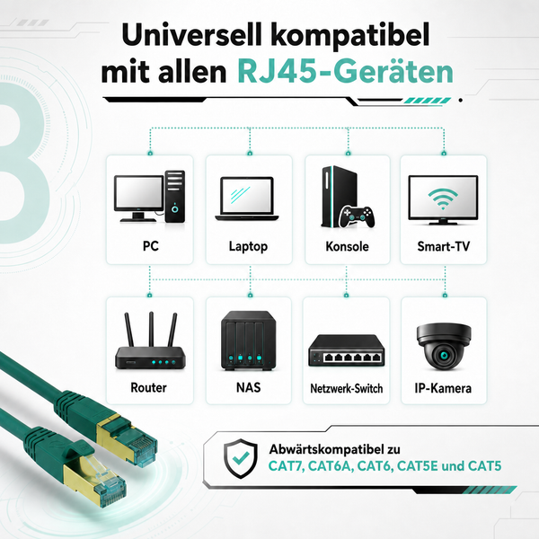 RJ45-Netzwerkkabel kompatibel mit PC, Laptop, Konsole, Smart-TV, Router, NAS, Switch, Kamera. Abwärtskompatibel zu CAT7, CAT6A, CAT6, CAT5E und CAT5.