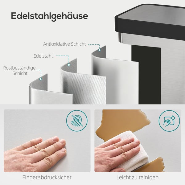 HOMCOM Mülleimer Küche 60 L Treteimer mit Soft-Close-Deckel, Offenhaltefunktion und Pedal Abfalleimer mit Fächer für Deodorant Abfallsammler, Edelstahl, Silber, 44 x 36 x 66,5 cm