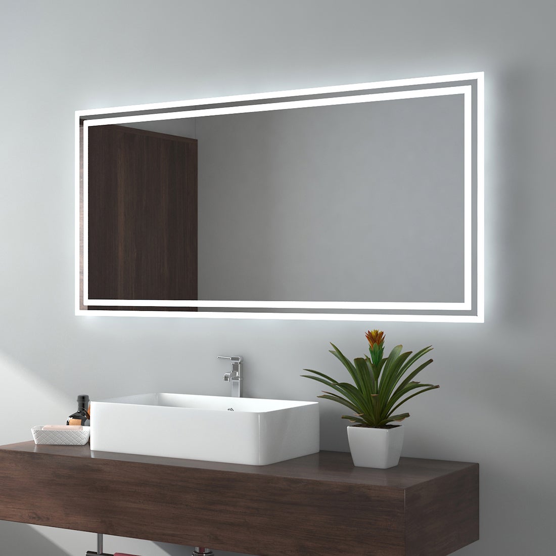 EMKE Badspiegel LED IP44 Wasserdicht Wandspiegel, 120x60cm, Kaltweißes/Warmweißes Licht, Knopfschalter, Beschlagfrei