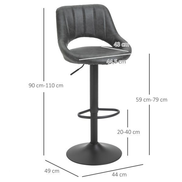 HOMCOM Barhocker-Set, 2 Hocker, Küchenhocker, Lederoptik, drehbar, höhenverstellbar, mit Fußstütze, modernes Design, Metallrahmen, 44 x 49 x 90-110 cm, Grau