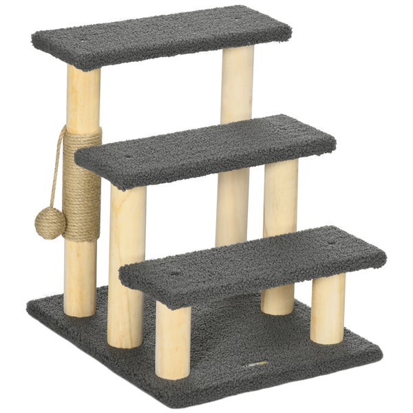 PawHut Katzentreppe 3-stufige Tiertreppe, 48 cm Haustiertreppe mit Sisalsäule, Hundetreppe mit Spielball, Einstieghilfe für hohe Betten, Kiefernholz, Grau+Natur