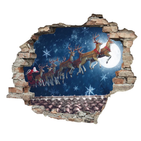 3D Wanddurchbruch selbstklebender Sticker Weihnachtsmann über den Dächern WS16034_60x50 cm