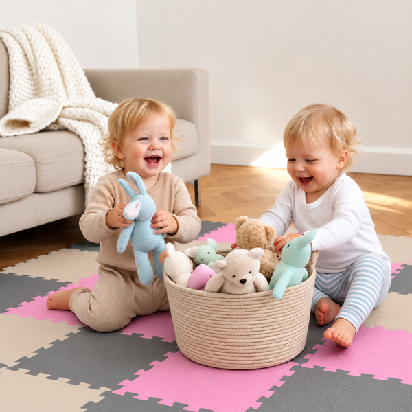 Zwei Kleinkinder spielen auf einer Puzzlematte mit einem runden Aufbewahrungskorb voller Stofftiere in einem hellen Wohnbereich.