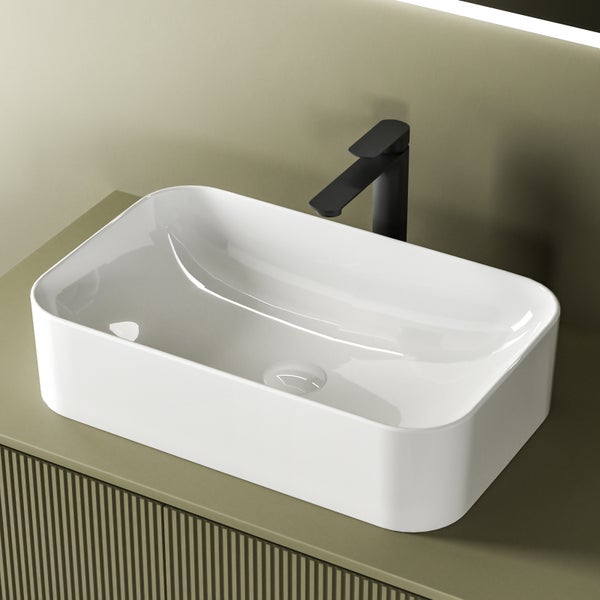 EMKE Aufsatzwaschbecken 605x380 mm, Glanzweiß, Eckig, Keramik Waschtisch, Handwaschbecken für Bad & Gäste-WC, Höhe 150 mm